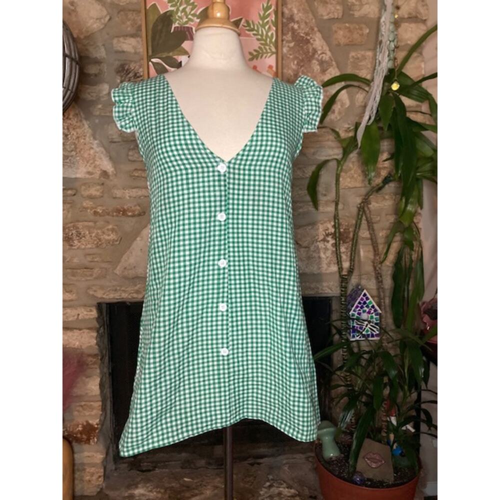 💚Kelly Green Gingham Babydoll Mini Dress - Flutter Sleeve Picnic Dress - M